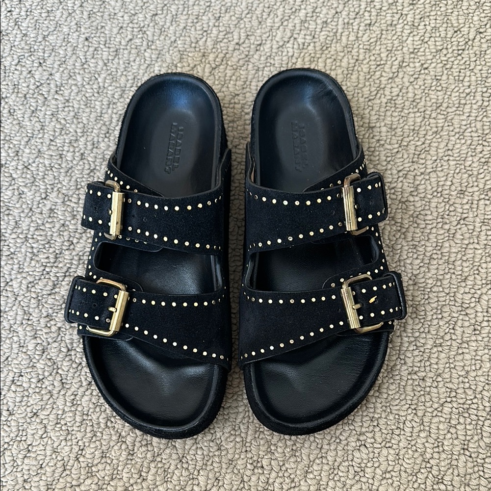 New Isabel Marant Lennyo Sandals Black Gold Studs Slides 36 5